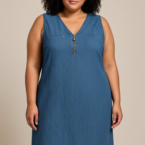 AK Denim Sleeveless Dress XL Zip Front Chambray Shift Dress - Picture 4 of 4